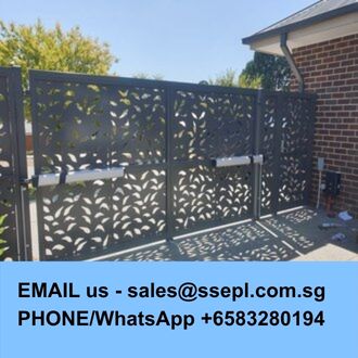 Leaf-pattern black metal gate beside a brick wall; bottom blue banner shows contact email sales@ssepl.com.sg and WhatsApp +65 83280194.