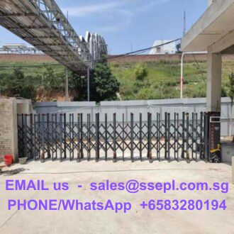 Industrial gate with a folding barrier at an industrial site; purple overlay text shows email sales@ssepl.com.sg and WhatsApp +6583280194.