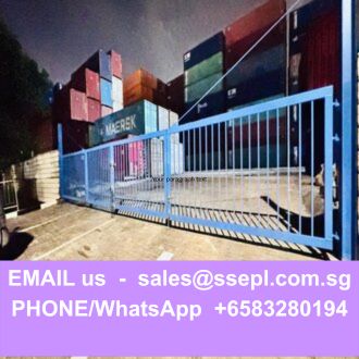 Blue shipping containers behind a blue gate; a purple banner at the bottom shows contact email and WhatsApp number.