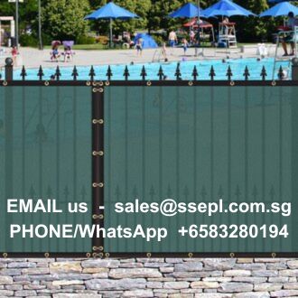 Public pool scene behind a dark green gate with blue umbrellas; overlay text reads: 'EMAIL us — sales@ssepl.com.sg' and 'PHONE/WhatsApp +65 83280194'
