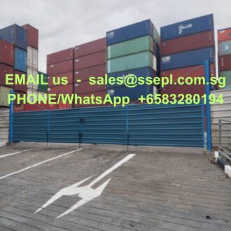 Shipping container yard with a blue gate and stacked colorful containers; bright green text overlay reads 'EMAIL us – sales@ssepl.com.sg PHONE/WhatsApp +65 83280194'.