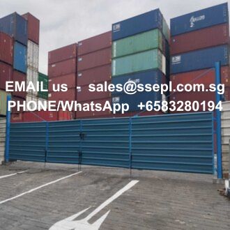 Stacked cargo containers behind a blue fence with overlaid contact text: Email sales@ssenpl.com.sg; Phone/WhatsApp +65 83280194.
