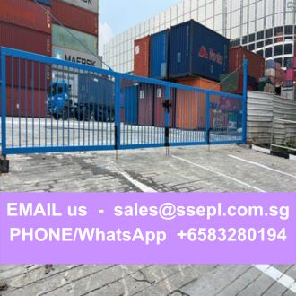 Shipping yard with stacked shipping containers behind a blue gate and a purple banner displaying contact info: sales@ssepl.com.sg and WhatsApp +65 83280194.