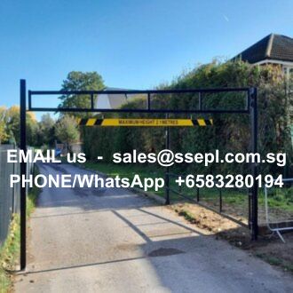 Gate on a driveway with yellow-and-black caution tape; overlaid text provides contact: 'EMAIL us - sales@ssepl.com.sg' and 'PHONE/WhatsApp +65 83280194'