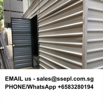 Open corrugated metal storage unit with a partially open door; text below provides contact info (email and WhatsApp/phone) for inquiries.