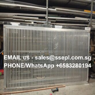 Stainless steel vertical-bar gate in a warehouse; overlay shows contact: sales@ssepl.com.sg, +65 83280194.